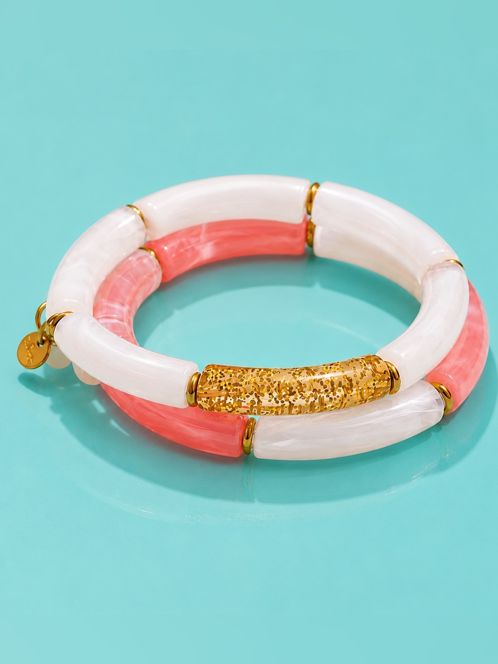 Coral Pink White Bracelet Set with Gold Accent
